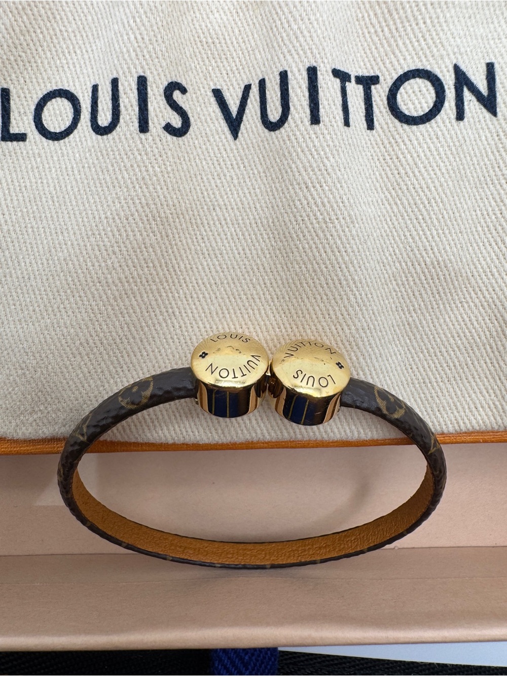 Louis Vuitton Brown Monogram Leather Bracelet w/ Gold-Tone Hardware